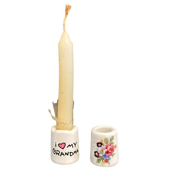 Vintage Ceramic Mini Candle Holders With "I ❤️ My Grandma" Text & Floral Design - Picture 1 of 9